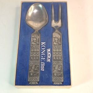 Vintage Boxed Konge Tinn Royal Pewter Salad Set Made in Norway Spoon Fork